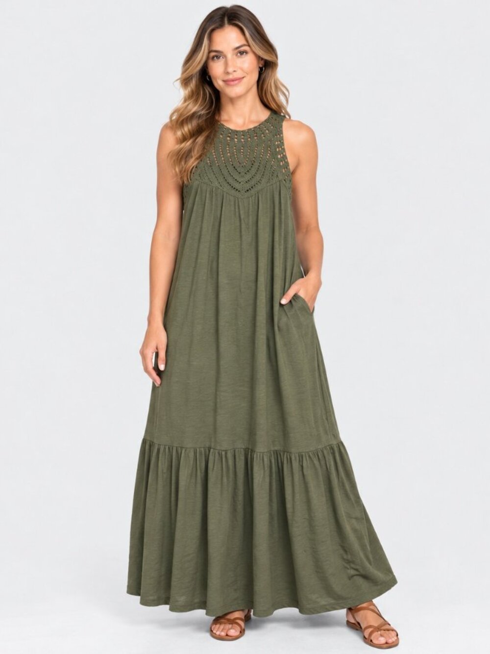 FatFace Women's 14 Olive Green Crochet Yoke Maxi Dress Boho Sleeveless Beautiful